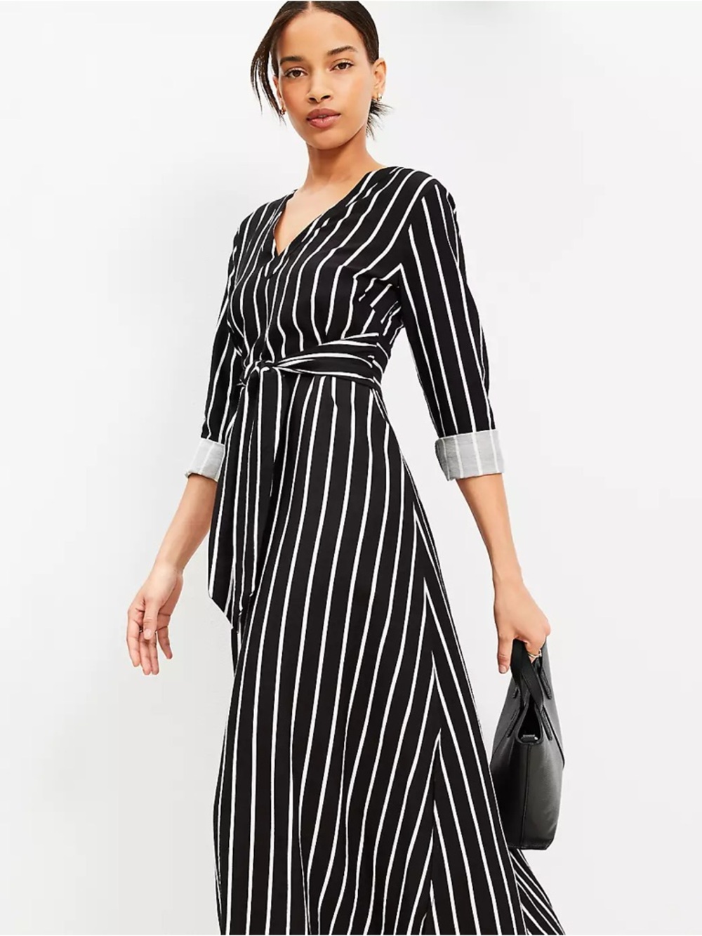 LOFT Black and White Vertical Stripe Tie-Front Maxi Dress NWT 16